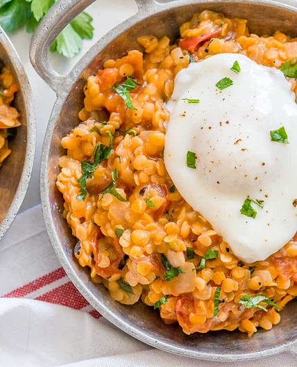 Breakfast Lentils with Poached Eggs