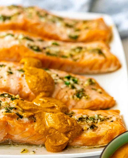 Baked Lemon Garlic Salmon Romesco