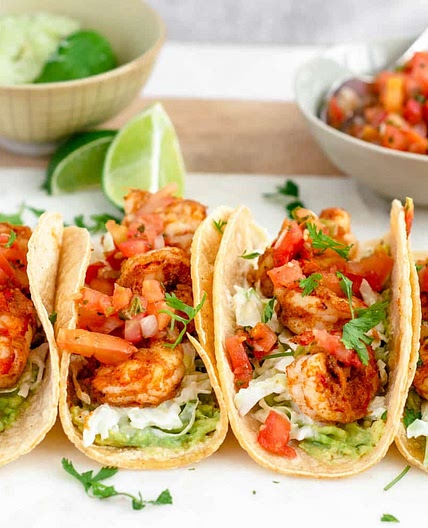 Shrimp Tacos with Cabbage Slaw and Smashed Avocado