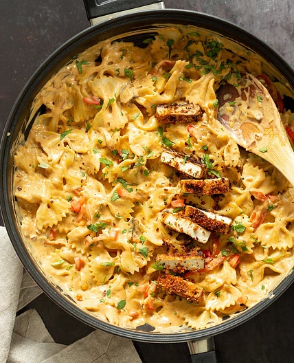 Vegan Creamy Cajun Pasta with Breaded tofu