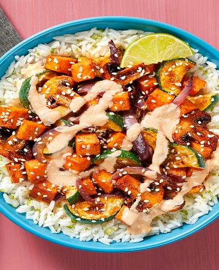 Honey Miso Sweet Potato ’Shroom Jumble over Lime Rice with Zucchini & Creamy Chili Sauce