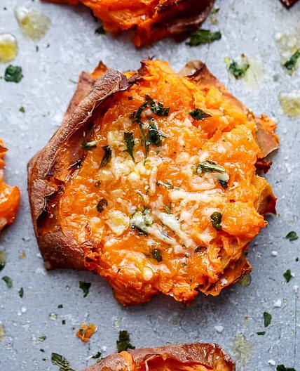 Garlic Butter Smashed Sweet Potatoes With Parmesan Cheese