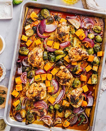 Sheet Pan Maple Glazed Chicken with Butternut Squash and Brussels Sprouts