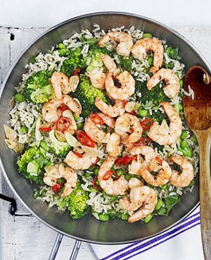 Miso brown rice & broccoli salad with fiery prawns