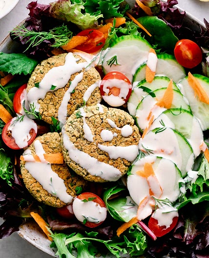 Baked Falafel Salad + Two Creamy Dressings