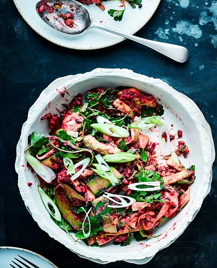 Red rice, courgette and avocado salad with blitzed beetroot dressing