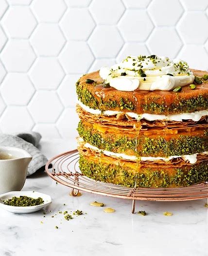 Pistachio and apricot baklava cake