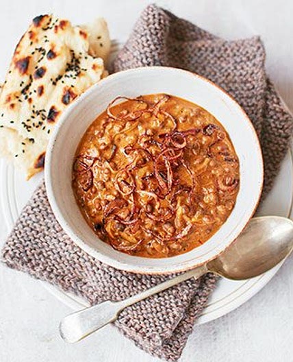 Creamy black dhal with crispy onions