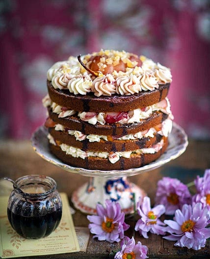 Ginger cake with wine poached pears and cream cheese frosting
