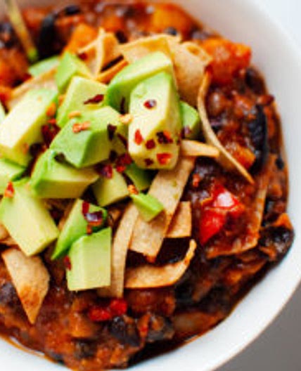 Vegetarian Butternut Squash Chipotle Chili with Avocado