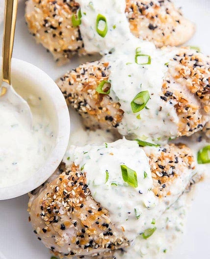 Everything Bagel Chicken with Scallion Cream Cheese Sauce