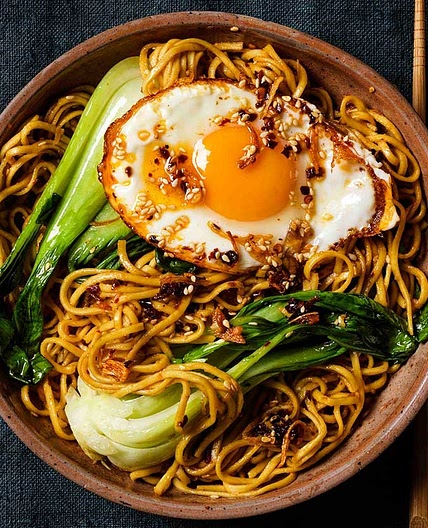 Noodles with crispy chilli oil eggs