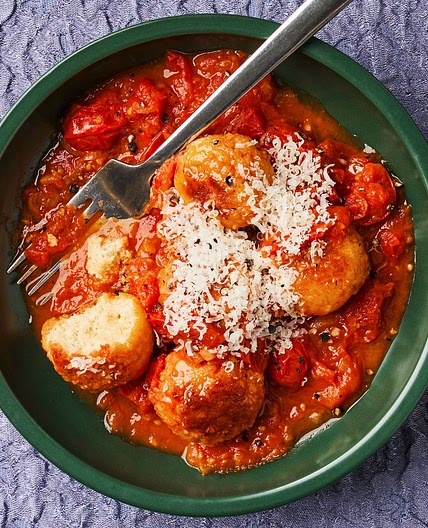 Tofu Meatballs in Burst Tomato Sauce