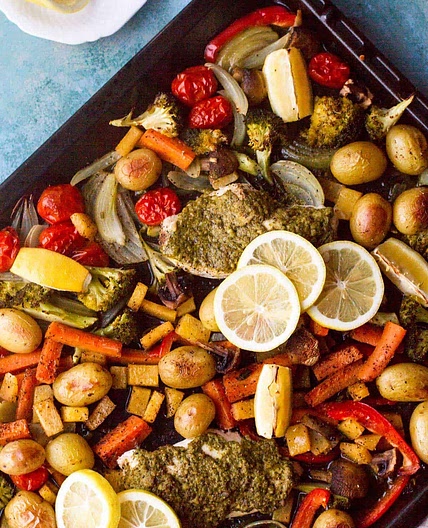 Lemon Pesto Chicken and Potato Tray Bake