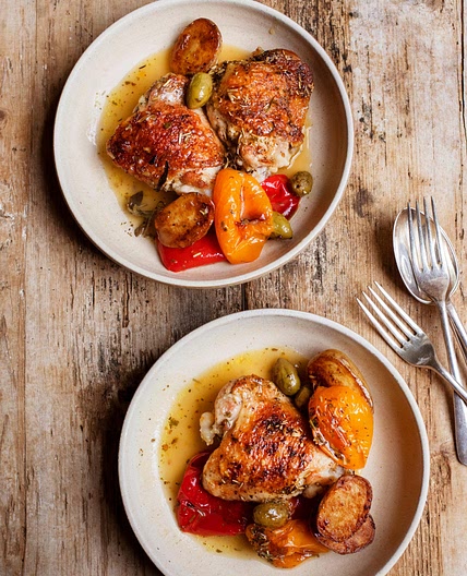 Chicken, romano peppers, olives