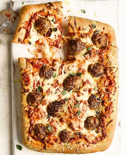 Deep-dish meatball marinara pizza