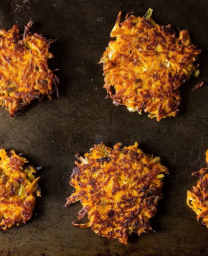 Sweet Potato Parsnip Latkes with Feta and Leeks