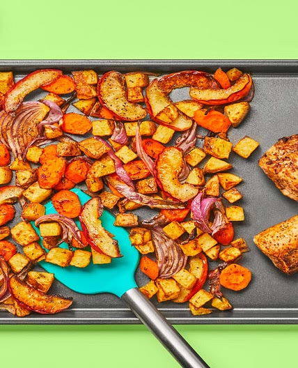 Sheet Pan Creamy Mustard Pork Tenderloin plus Rosemary Roasted Root Veggies & Apple