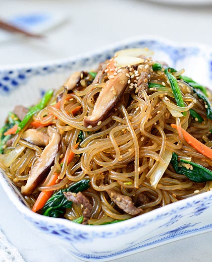 Japchae (stir-fried starch noodles with beef and vegetables)