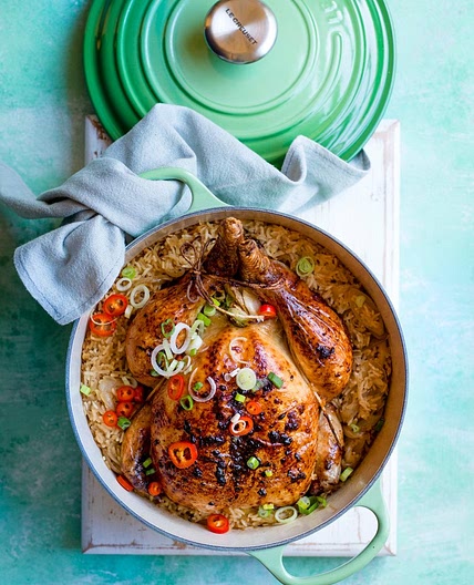 One-pot koji roast chicken with garlic and ginger rice