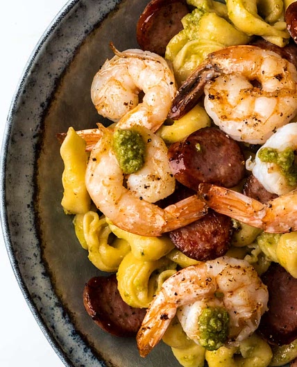 Shrimp & Andouille Tortellini with Pesto