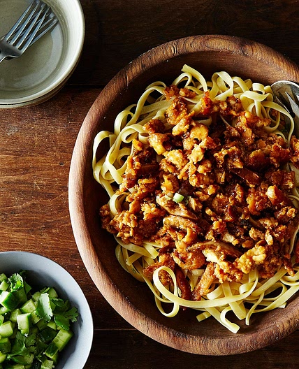Spicy Garlic Noodles with Crumbled Tofu and Cucumber Salad