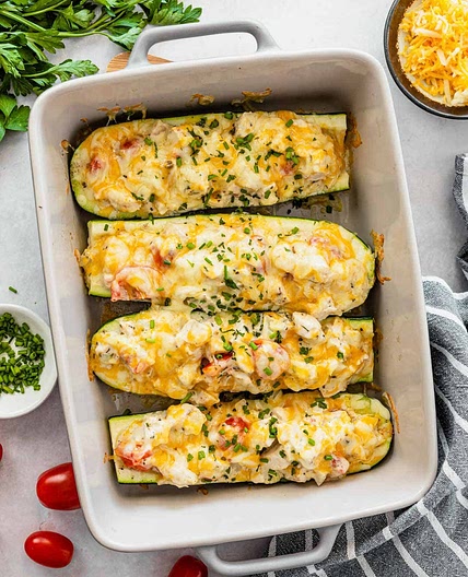 Creamy Chicken Stuffed Zucchini Boats