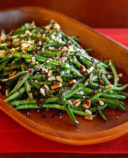 Green Beans with Balsamic Date Reduction, Feta and Pine Nuts