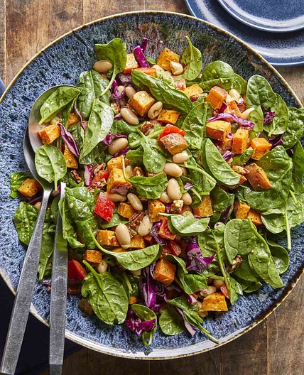 Spinach Salad with Roasted Sweet Potatoes, White Beans & Basil