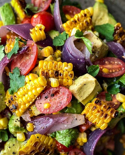 Charred Corn Avocado Salad with Roasted Red Onions