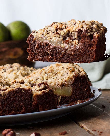 Chocolate Pear Cake with Hazelnut Crumb Topping