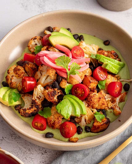 Roasted Sweet Potato & Cauliflower Bowl in Creamy Cilantro Sauce