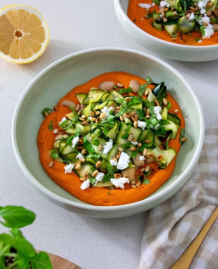 No Cook Zucchini and Butter Bean Salad with Romesco Inspired Sauce