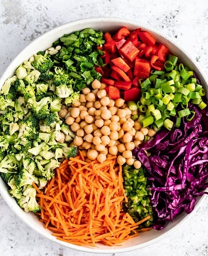 Spicy Cashew Chickpea Broccoli Salad with Ginger Peanut Dressing