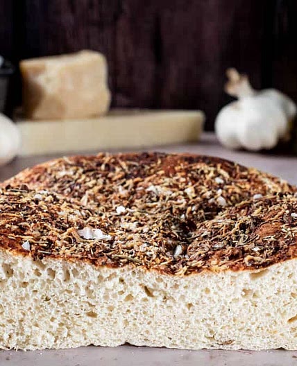 Focaccia with Parmesan, Rosemary and Roasted Garlic
