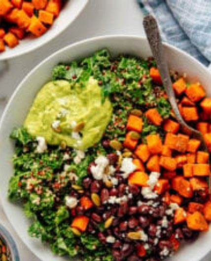 Southwestern Kale Power Salad with Sweet Potato, Quinoa & Avocado Sauce