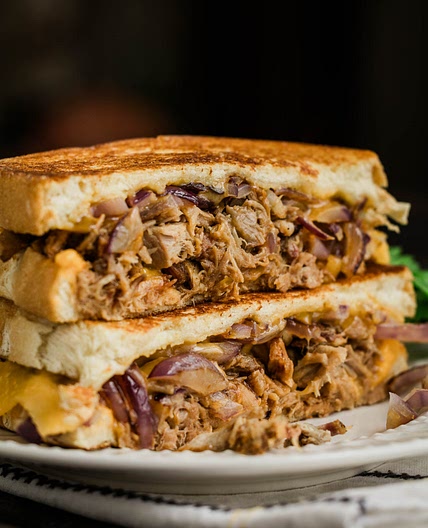 Grilled Cheese with BBQ Pulled Pork and Caramelized Onions