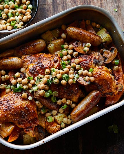 Harissa chicken and sausage traybake