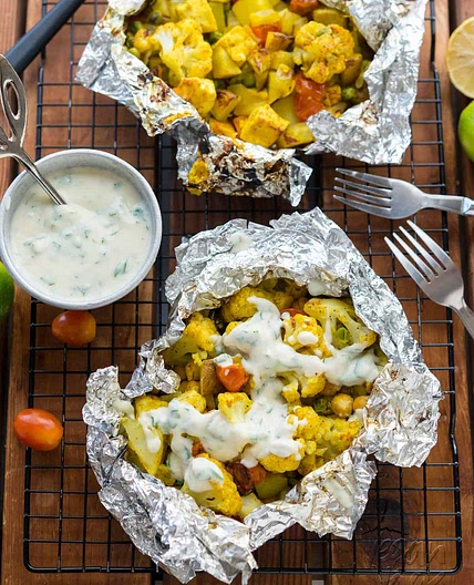 Curry Cauliflower Grill Packets with Yogurt Sauce