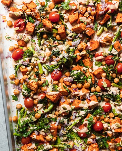 Sweet Potato & Broccoli Rabe Sheet Pan Dinner with Peanut Sauce
