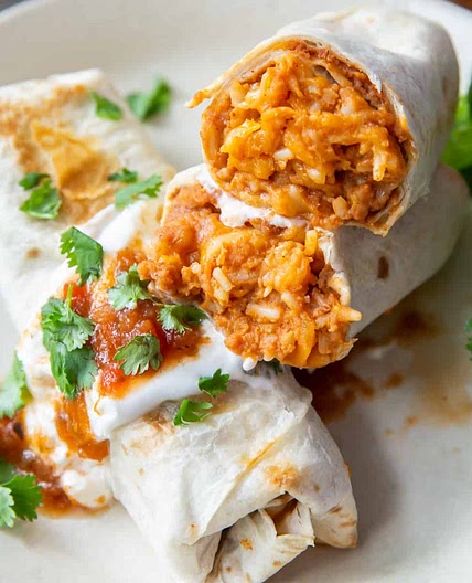 Cheesy Baked Bean and Rice Burritos