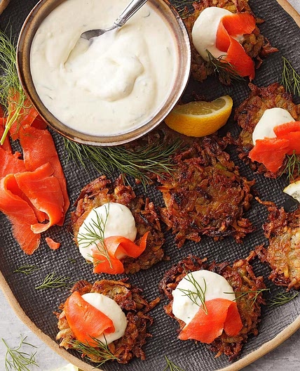 Parsnip Latkes with Lox and Horseradish Creme