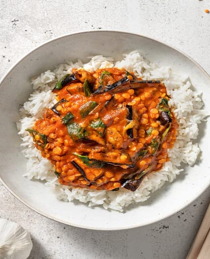 Red Lentil and Spinach Dal with Roasted Aubergine