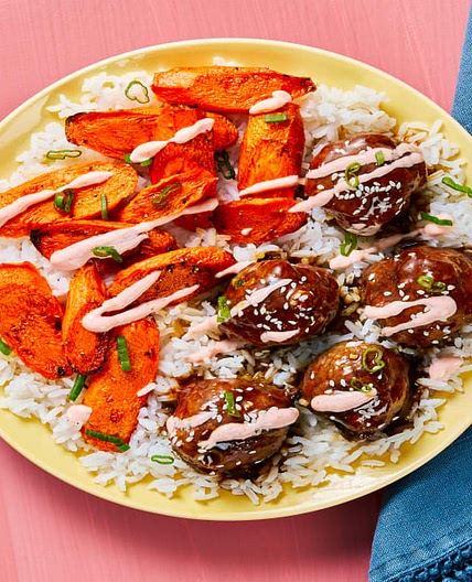 Meatballs with Bulgogi Sauce plus Roasted Carrots, Ginger Rice & Sriracha Crema