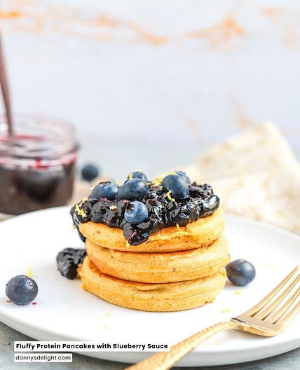 Fluffy Protein Pancakes with Blueberry Sauce
