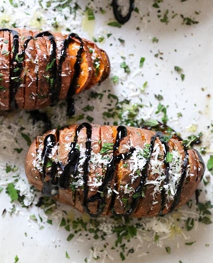 Parmesan Hasselback Sweet Potatoes with Balsamic Glaze
