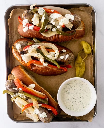 Sheet Pan Sausage and Peppers with Garlic Aioli