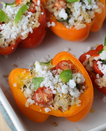 Easy Barley Stuffed Peppers with Basil and Feta (Vegan)