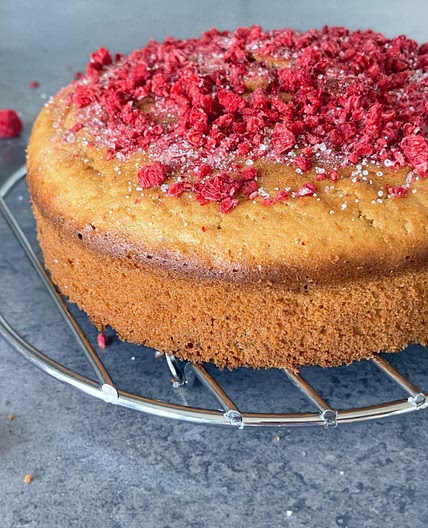 No Added Sugar Cardamom Spelt Cake, Freeze-Dried Raspberries