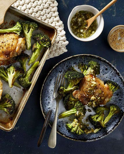 Sheet-Pan Sesame Chicken & Broccoli with Scallion-Ginger Sauce